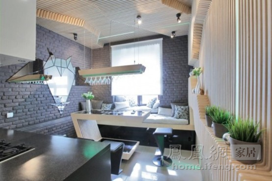 復古而科幻可變換燈光的未來廚房